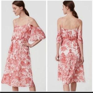 LOFT Botanical Toille coral cold shoulder midi dress